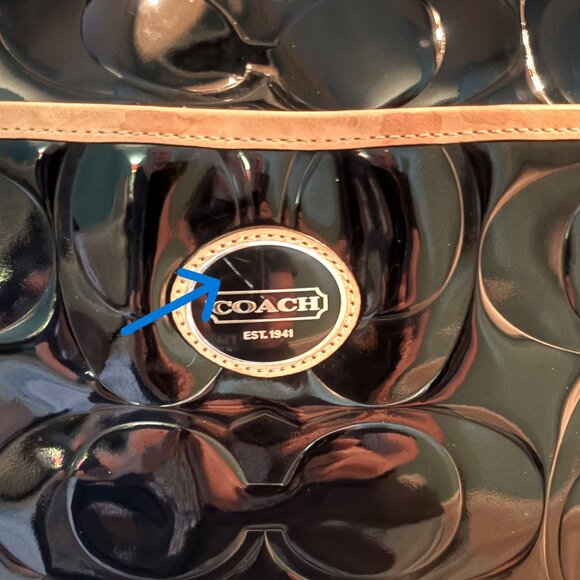 Vintage Coach Peyton Black Patent-Leather Shoulder Bag Tan Leather Trim - Picture 11 of 12